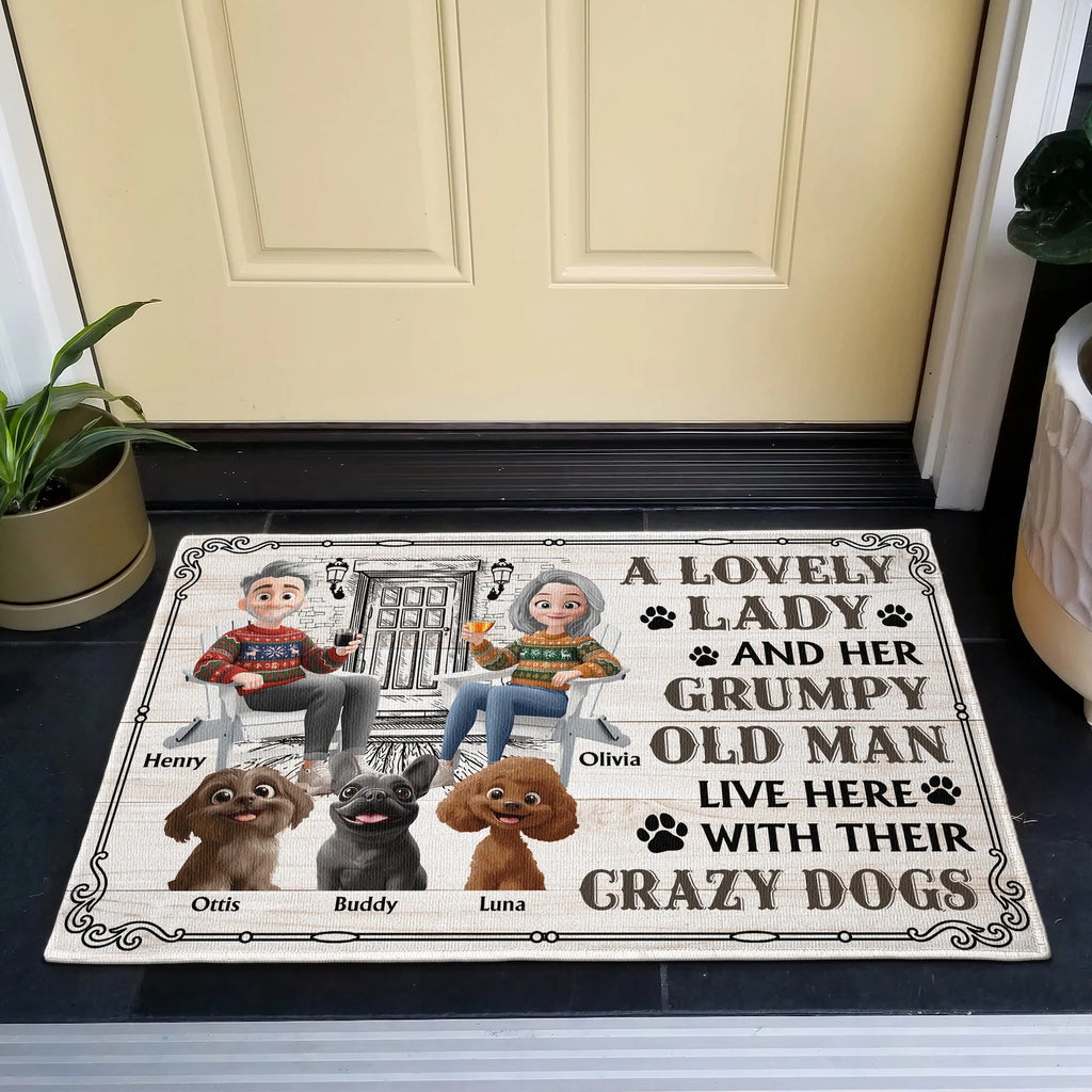 A Lovely Lady & Her Grumpy Old Man With Their Crazy Dogs - Personalized Doormat