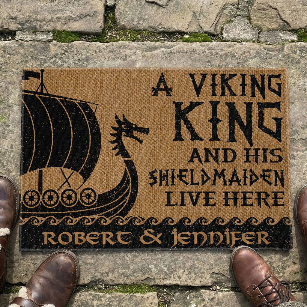 A Viking King And His Shieldmaiden Live Here - Personalized Doormat